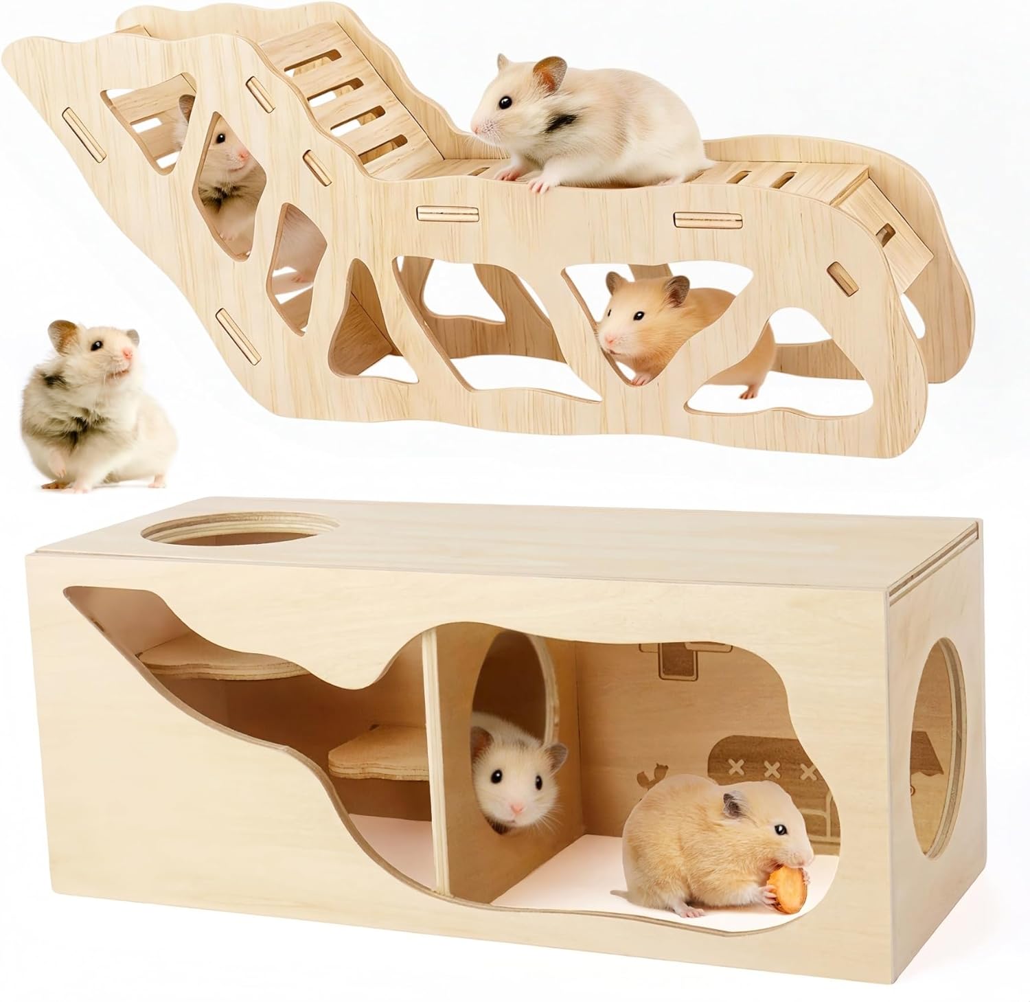 2Pcs Hamster House and Tunnel, Wooden Exploring Tunnel with Ladder, Small Animal Playground Exploring Toys for Syrian Dwarf Hamsters Gerbils Guinea Pig(Style1)