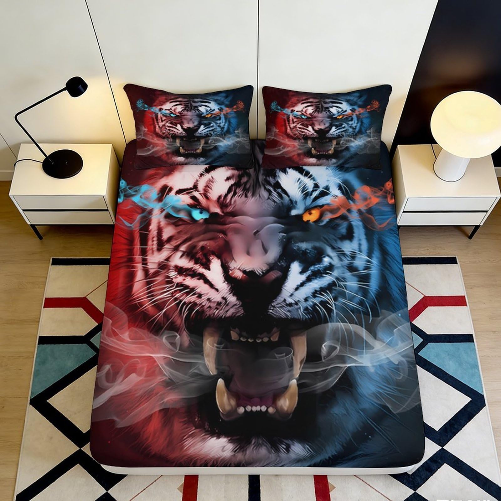 3D Printed Tiger Fire Ice Fitted Sheet Microfiber Soft Breathable Animal Bed Cover for Bedroom Dorm Decor 90x200x25cm