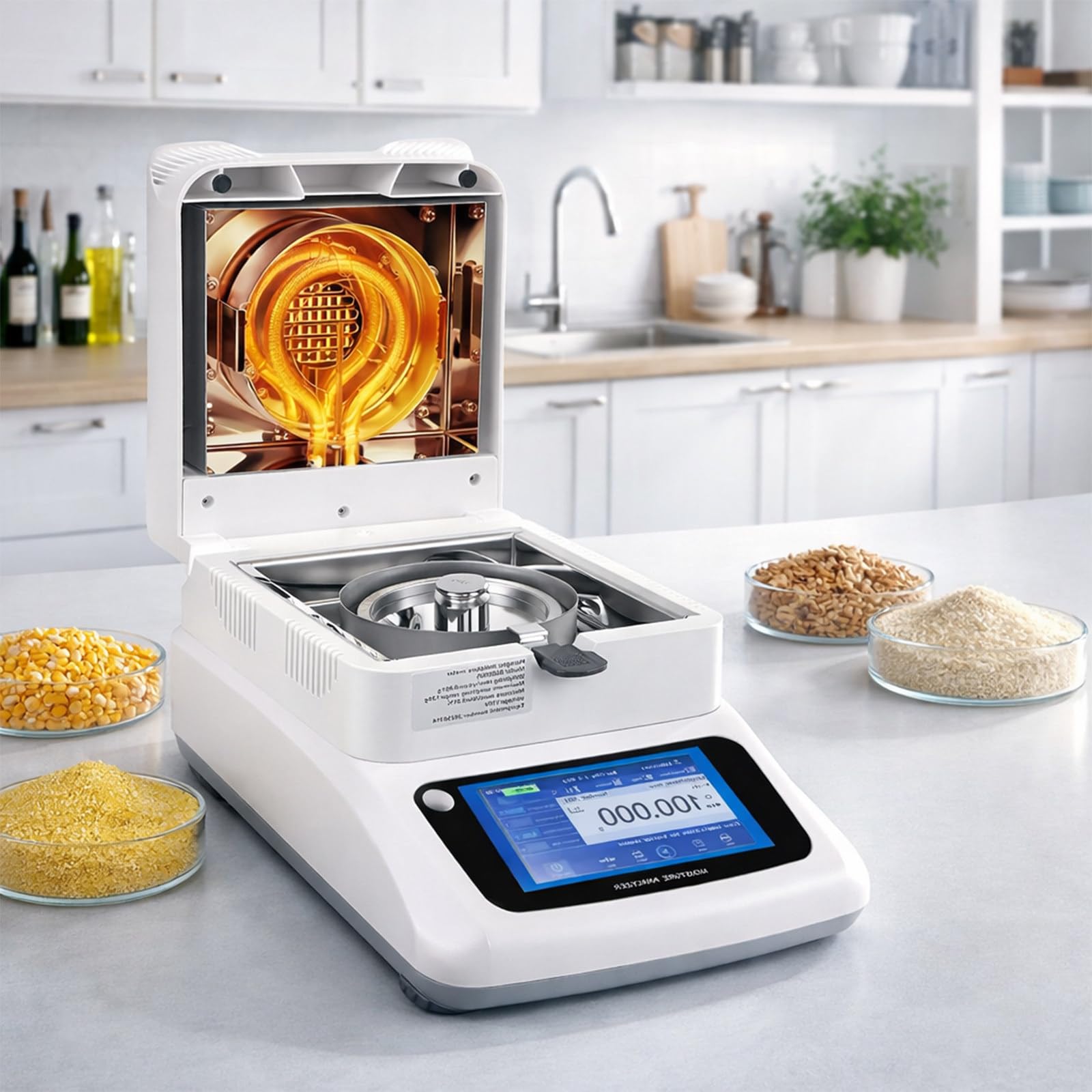 Analizador de humedad, calefacción halógena de laboratorio con interfaz de pantalla táctil, capacidad de 120 g, legibilidad de 0,001/0,002/0,005 g para pruebas de alimentación y granos