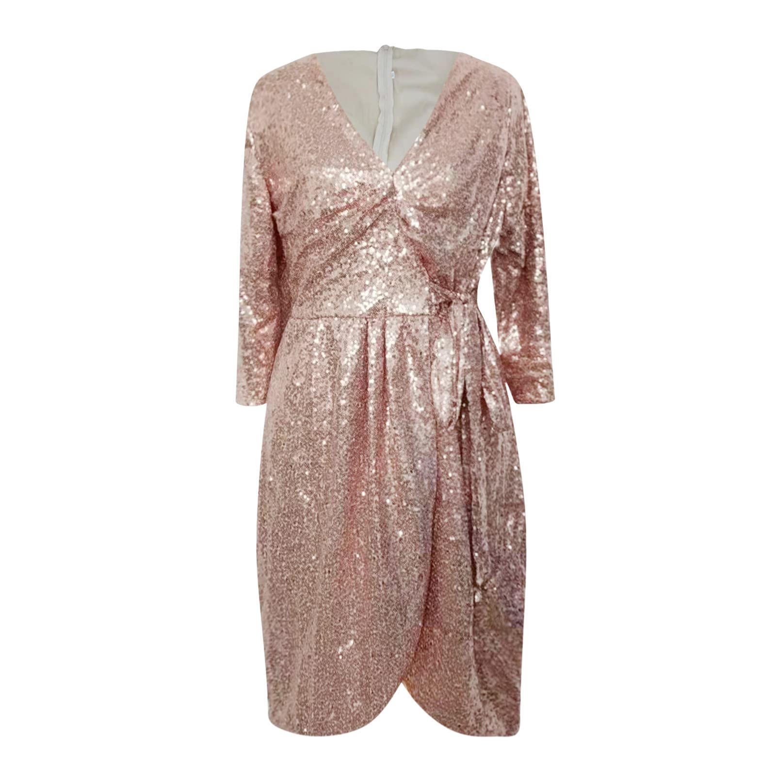 LEQURE brunch dress for women Women Shining Glitter Party Dresses Long  Sleeve V Neck Sequined Evening Night Dress With Belts (Color : Silver, Size  : M) : Buy Online at Best Price