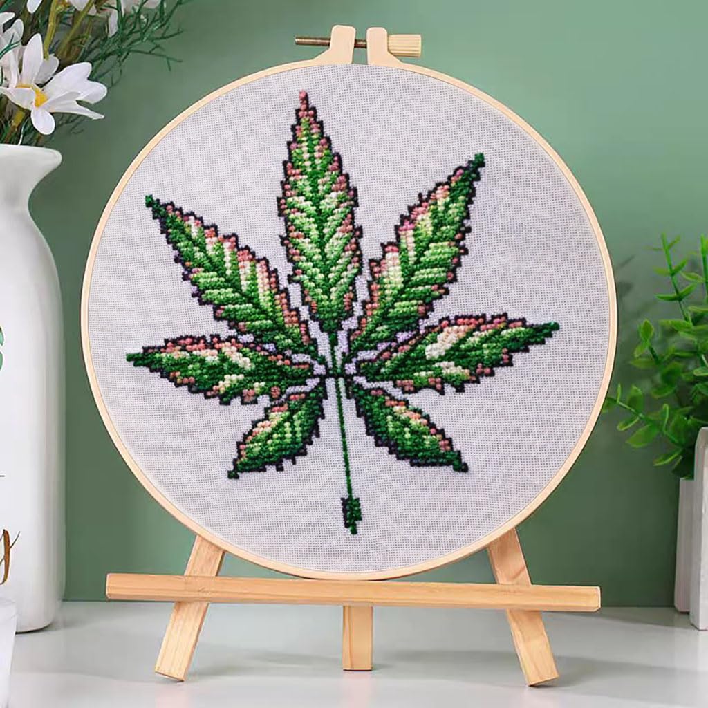 DIY Cross Stitch Kits Watercolor Marijuana Leaf Easy for Beginners with Hoop 11CT Needlepoint Embroidery Counted Stamped Cross Stitch Set Craft Wall Decor 20x20cm(2)