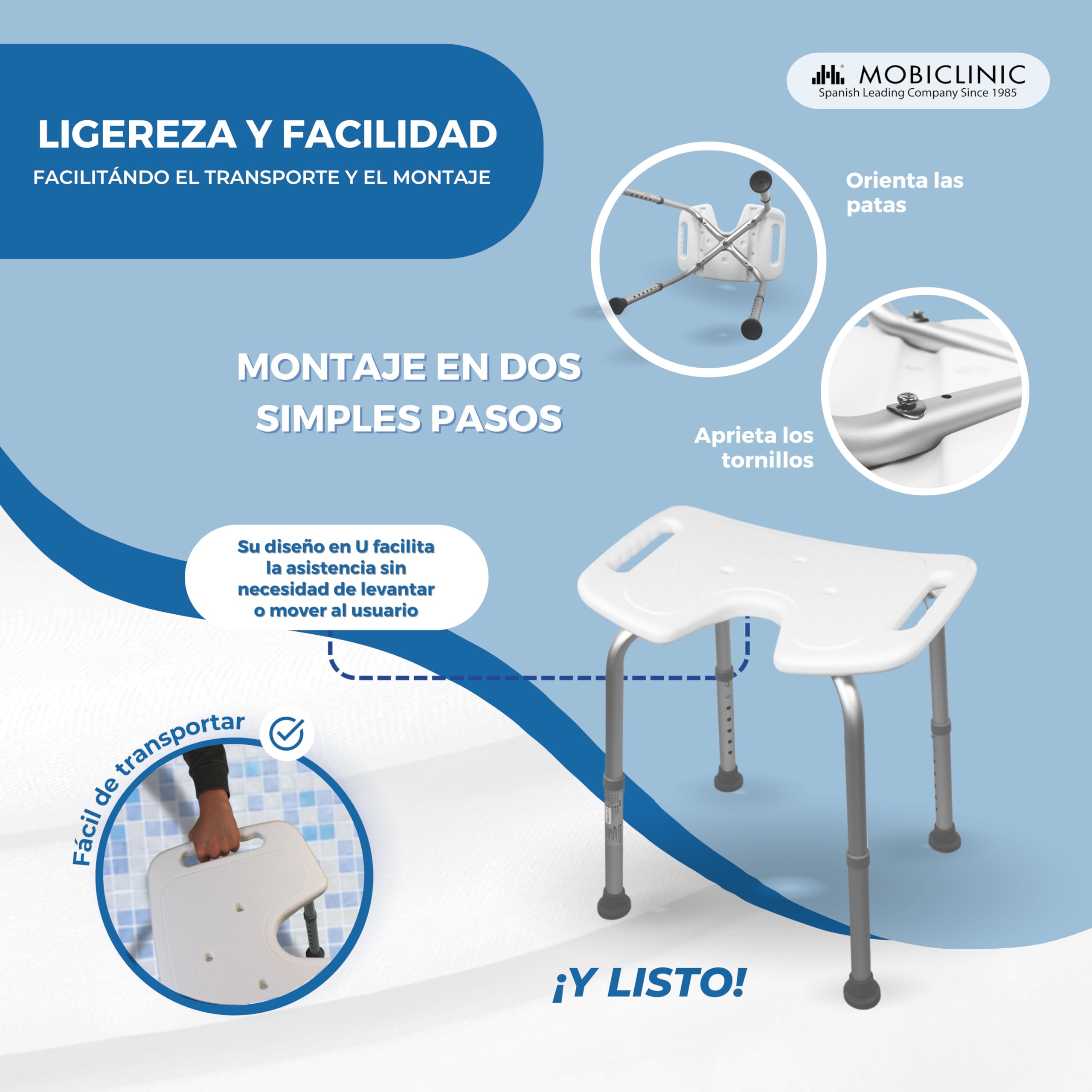 Mobiclinic®, Taburete Baño, Regulable en Altura, Bahía, Asiento en U, Conteras Antideslizantes, hasta 100 Kg, Aluminio, Blanco
