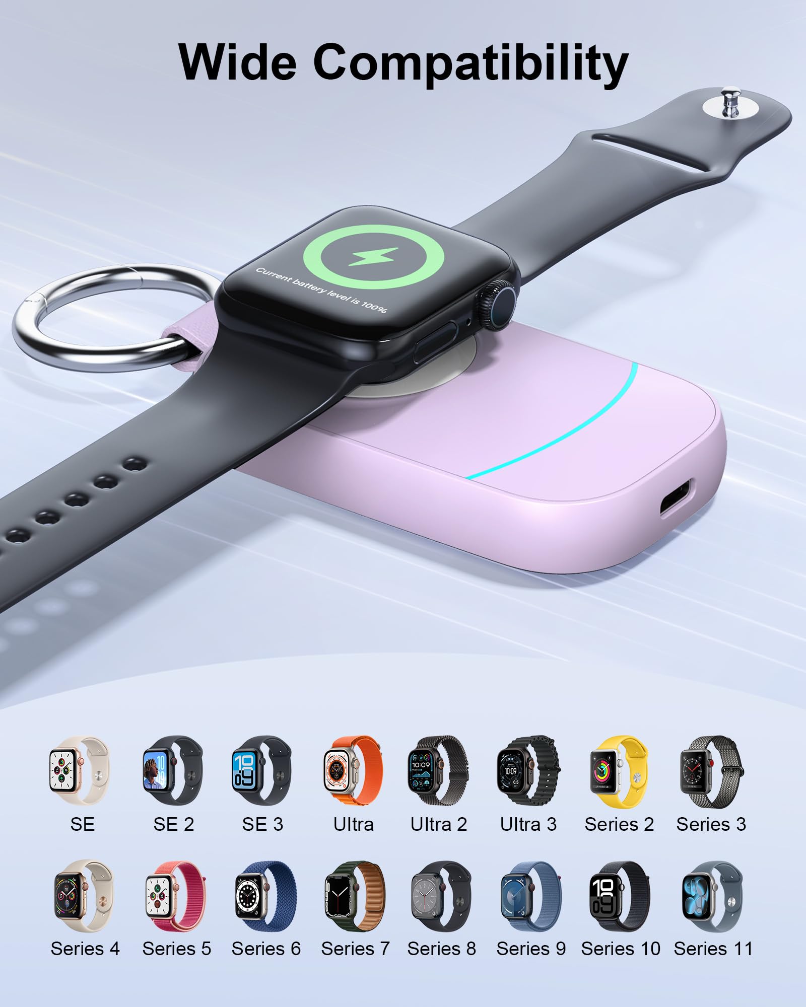 Caricabatterie wireless portatile per Apple Watch Travel Essential | Design portachiavi, 2500 mAh ad alta capacità, forte chiusura magnetica, sovraccarico e surriscaldamento, ricarica automatica