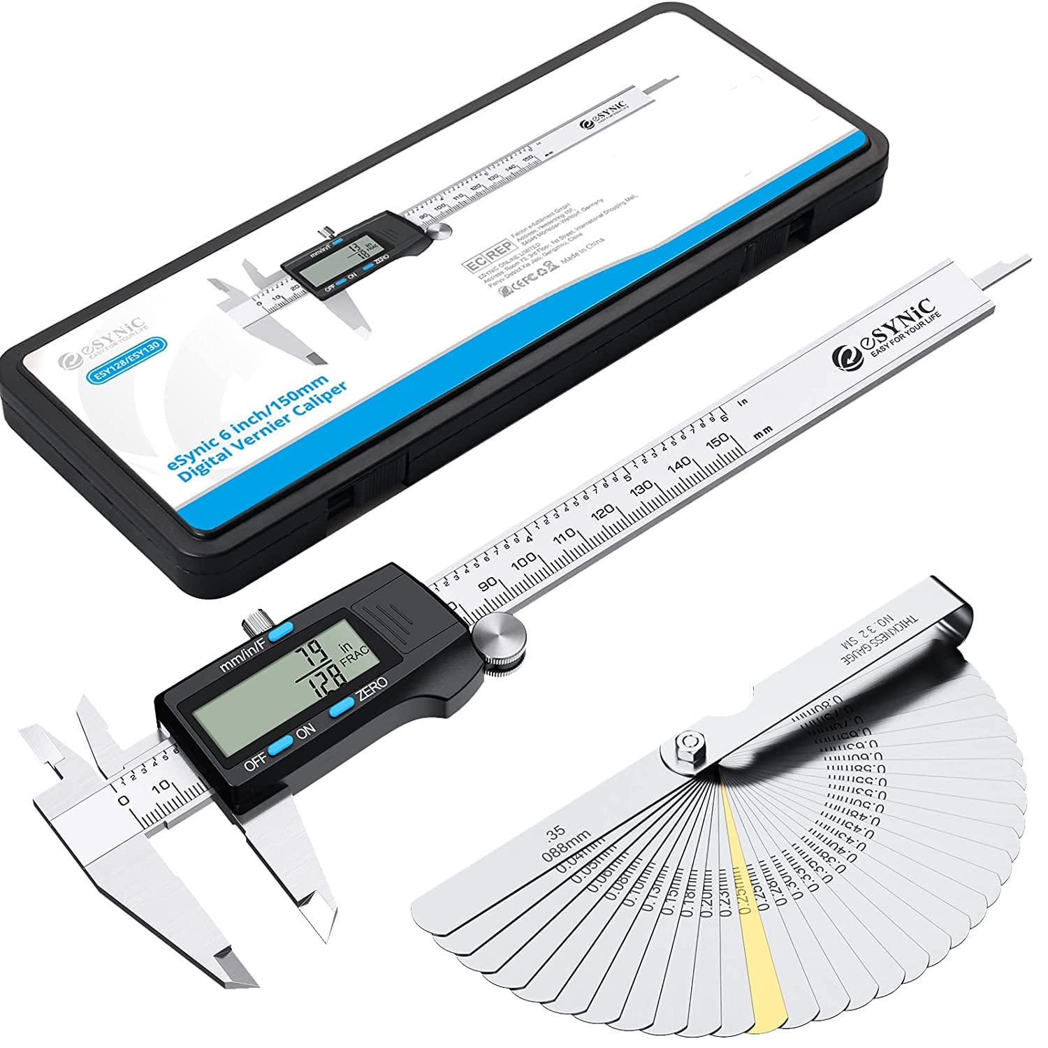 eSynic Digital Vernier Caliper with 32 Blade Feeler Gauge 150mm/6Inch