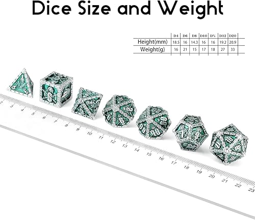 Miniatura 5 de Grim Reaper - Juego de dados de metal para DND, Dungeons and Dragons D&D poliédricos, 7 dados para juegos (verde con plata)