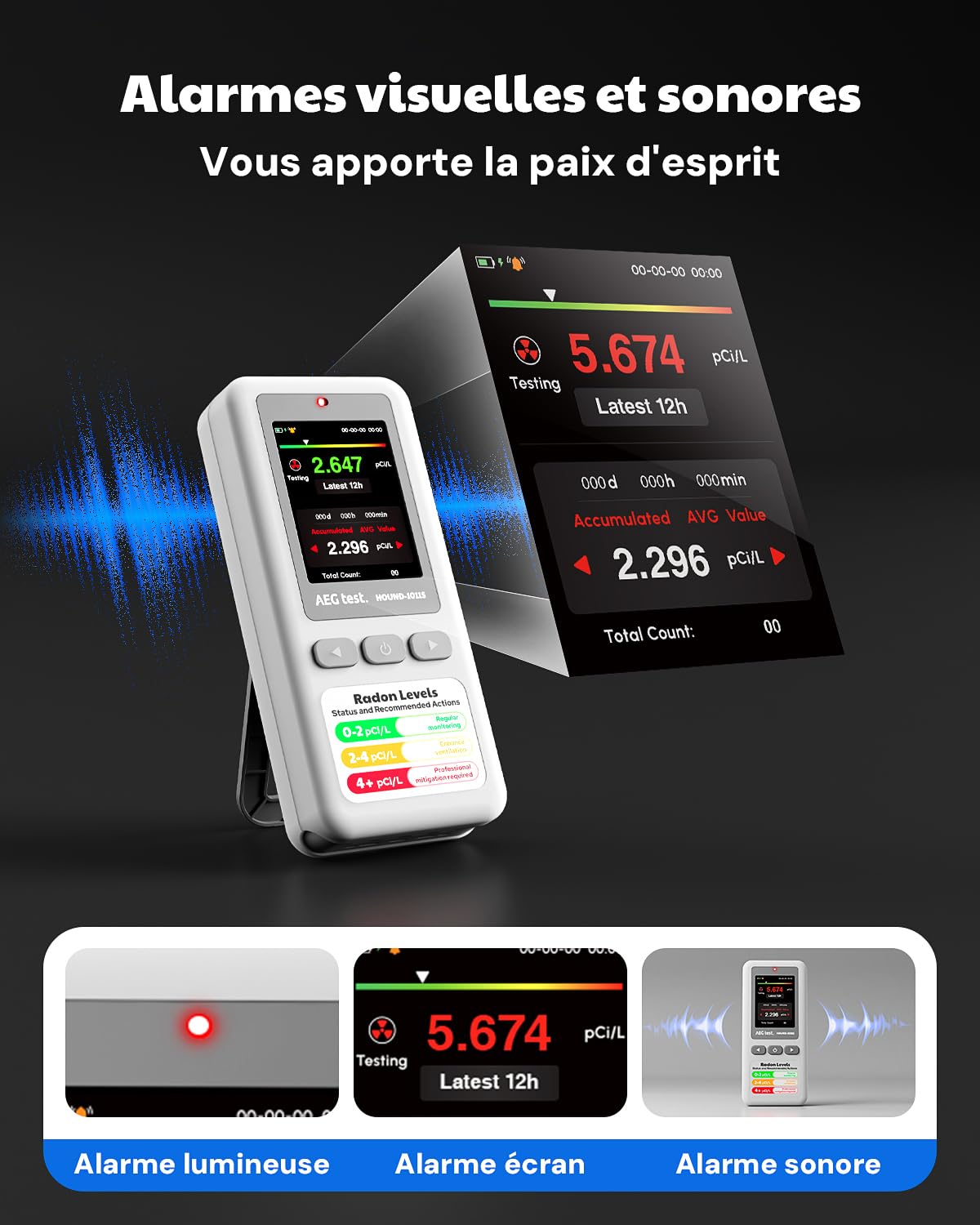 HOUND-1011S Détecteur de radon portable, Capteur haute précision pour la maison, Léger, Alarmes sonores & visuelles, Surveillance à long terme, Testeur de radon en pCi/L ou Bq/m³ pour sous-sol