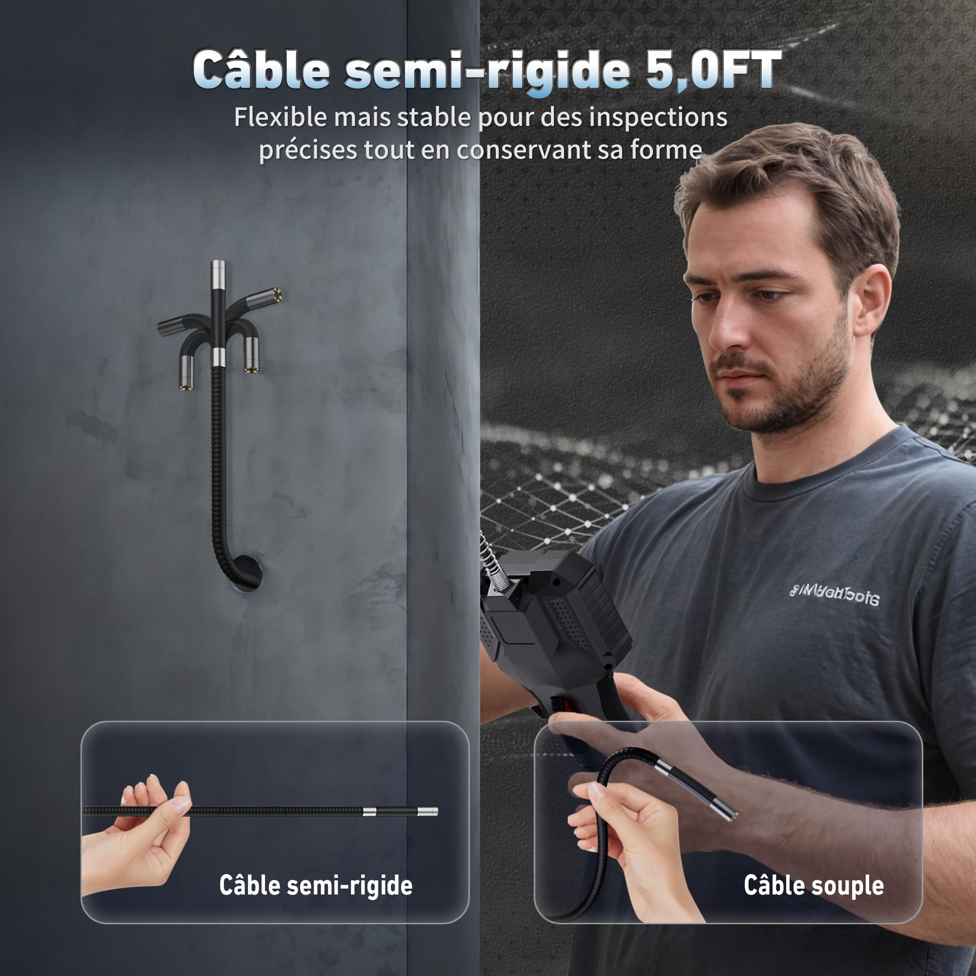 Ralcam Endoscopio 360° Ajustable con Pantalla HD 5" 1280×720, Sonda 6,2 mm con 6 Luces LED, Cable Semirrígido 1,5 m, Impermeable IP67 para Inspección Profesional