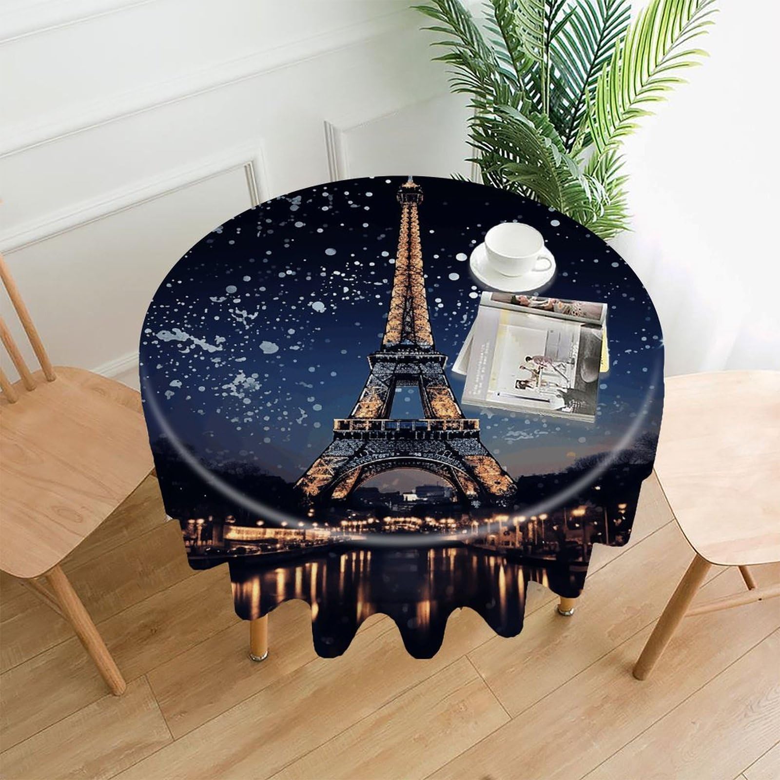 VstaDank Night Paris Eiffel Tower Tablecloth Easy to Clean Polyester Round Table Cover Washable Round Table Cloth Wrinkle-Free Circle Decoration Tablecloth for Kitchen Dining Room 60"