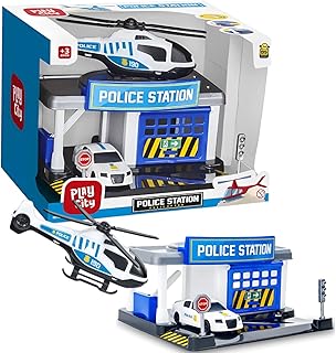 Posto Policial com Estação, Viatura e Helicóptero, Brinquedo Educativo para Crianças, Azul e Branco, ViZu