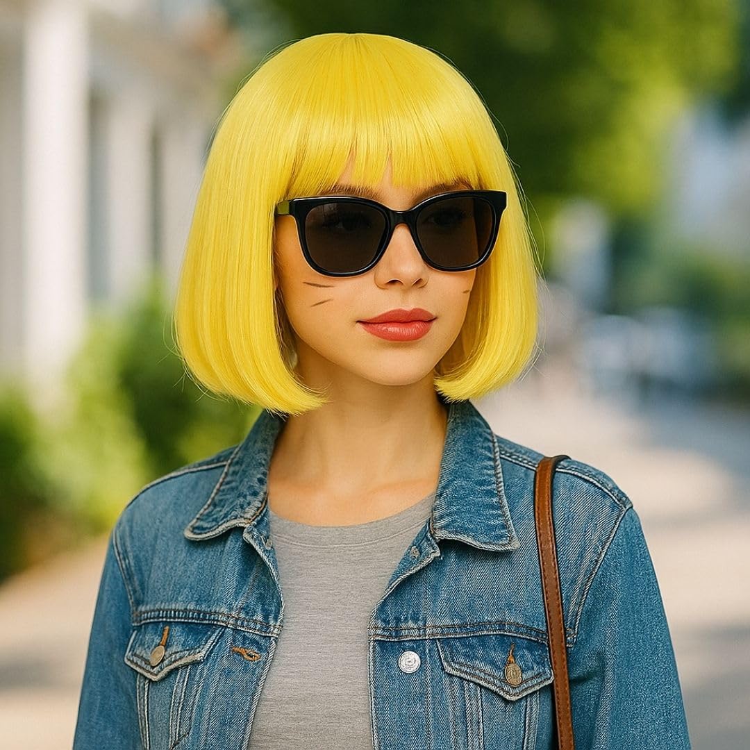 Wanna Party Gold Bob Wig With Bangs - Short Blunt Cut for Women | Straight Hair for Halloween Cosplay Party