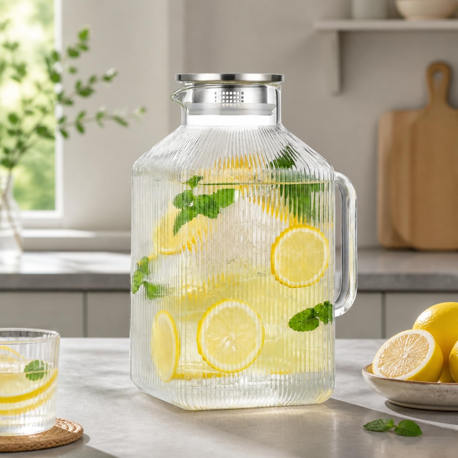 Borosilikat Kältebeständig Karaffe mit Fruchtsieb Hitzebeständig Wasserkaraffe aus für Gastgeber, Gartenparty, B