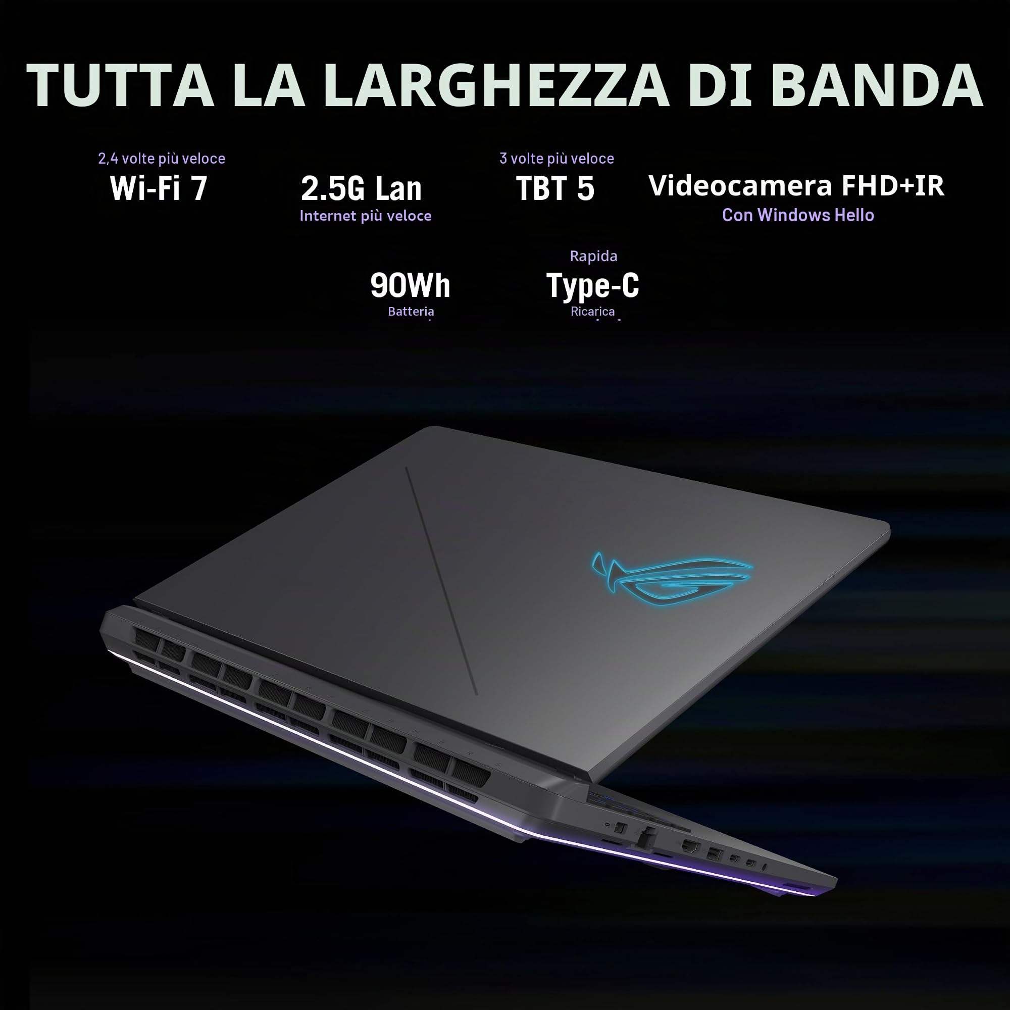 ASUS ROG Strix G16 Notebook Gaming, display IPS 2.5K 16" 240Hz 3ms, Intel Ultra 9 275HX, 32GB DDR5, SSD 1TB, NVIDIA GeForce RTX 5080 16GB DDR7, Wi-Fi 7, Tastiera Inglese QWERTY, Windows 11 Home