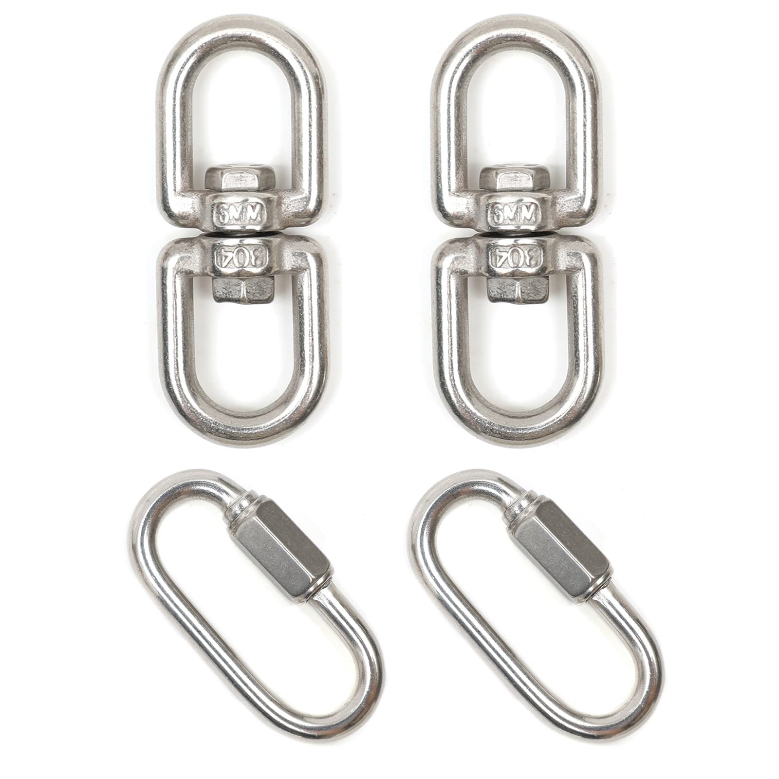 2PCS 304 Stainless Steel M5 Chain Quick Link Oval Locking Carabiner, Key Chain Connector, with 2PCS M6 304 Stainless Steel Double Ended Swivel Eye