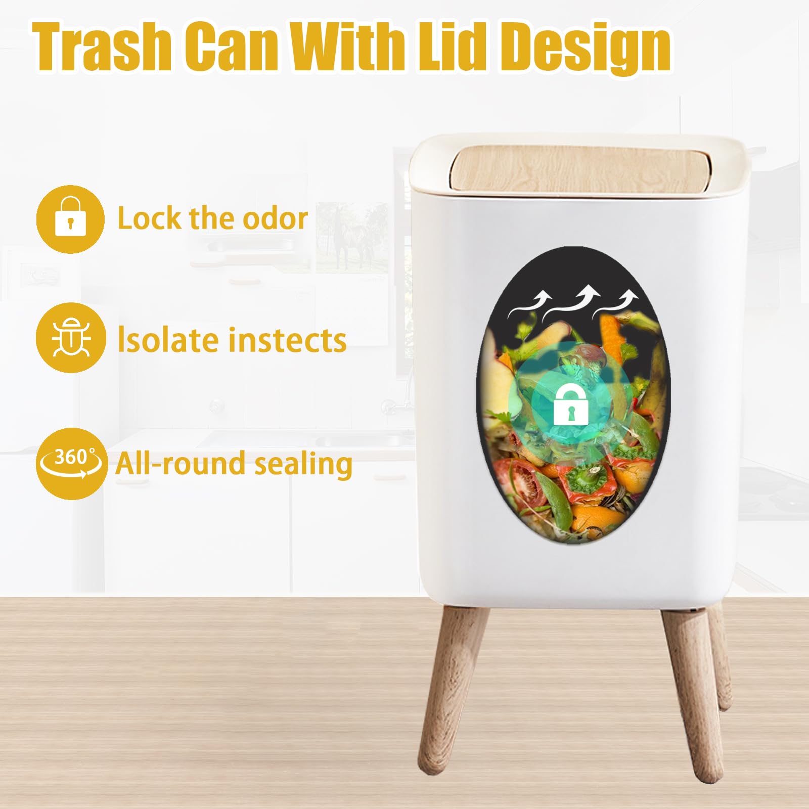 URALFA Cestino quadrato da 7 litri con coperchio, piccolo bidone della spazzatura da bagno con coperchio pop-up, cestino a prova di cane, cestino per la spazzatura per camera da letto, cucina,
