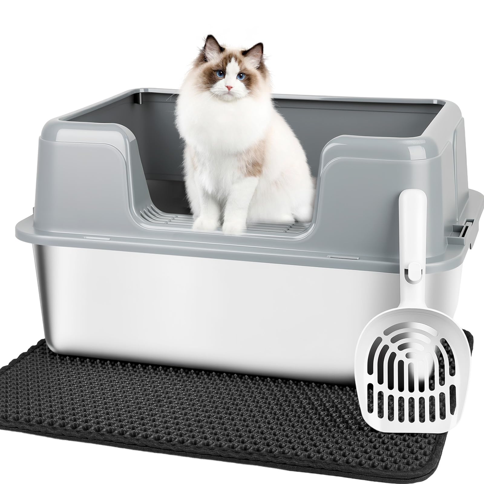 Vivifying XL Stainless Steel Cat Litter Box, High Side Metal Litter Pan with Scoop and Mat for Big Cats, Kittens, Rabbits and Hamsters, Easy Cleaning Design (Gray)