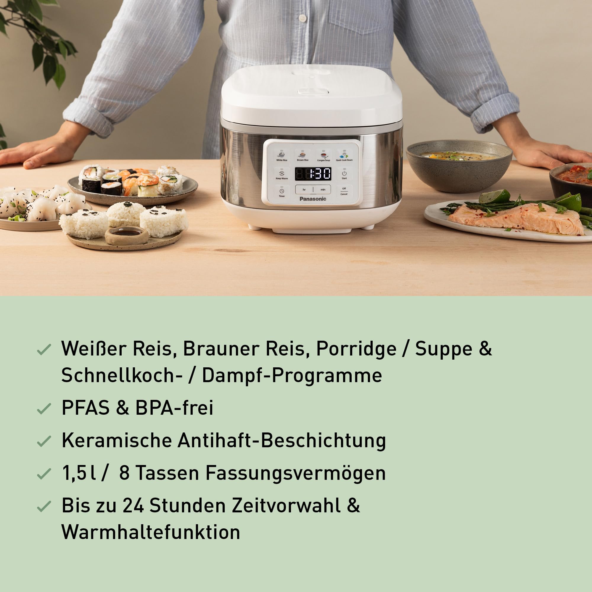 Panasonic SR-DA152WXE Automatischer Reiskocher mit Dampfgarer, 1,5 Liter (8 Tassen), Fuzzy-Logik, Wasserverhältnisanzeige, BPA-frei, Warmhalten, Startverzögerung, spülmaschinengeeignete Teile, weiß