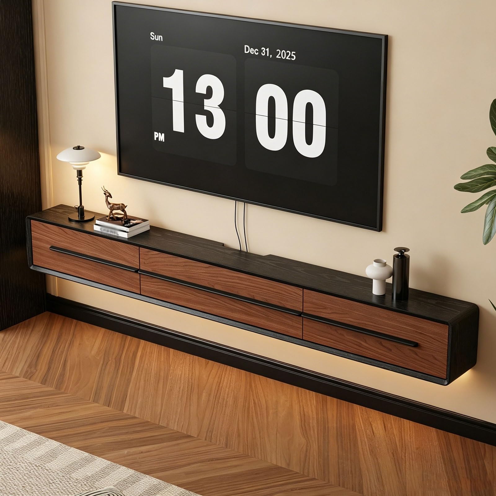 Meuble TV flottant en bois avec tiroirs et rangement pour écran plat