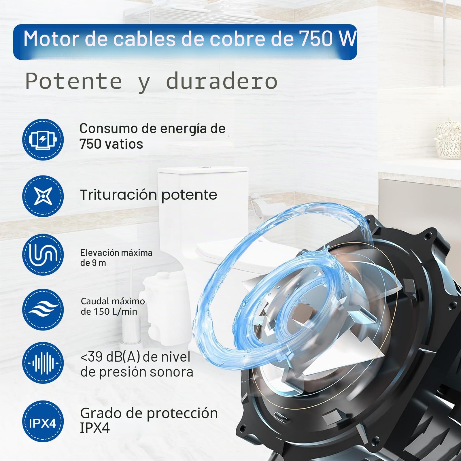 750W Trituradora sanitaria, bomba automática para eliminar las aguas residuales, silenciosa, 4 entradas y 2 desagües de Agua para Inodoro Cocina Ducha