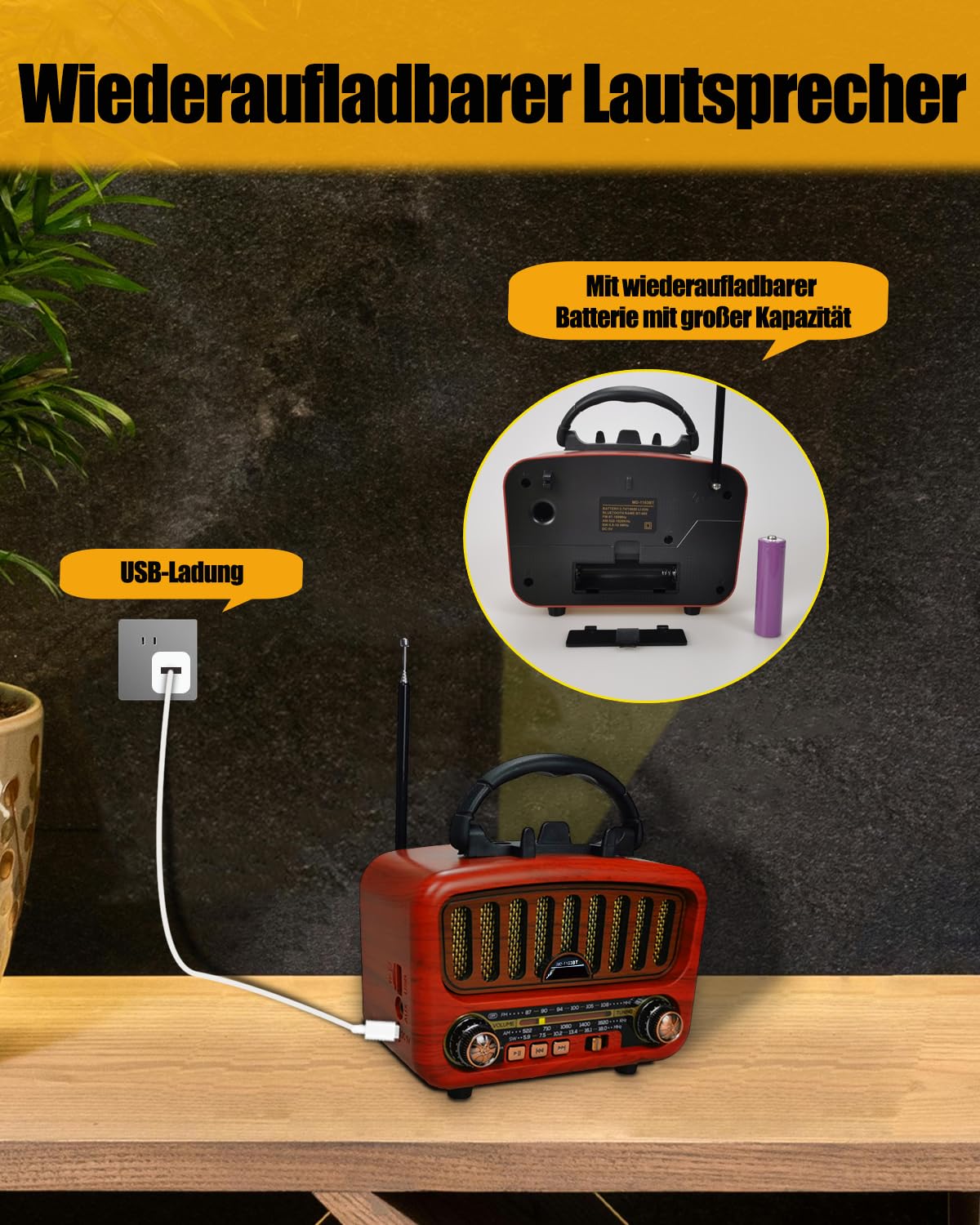 Retro Radio mit Bluetooth, AM/FM/SW Tragbares Radio Klein 5W großer Lautsprecher und Bluetooth 5.0, UKW Lautsprecher Batteriebetrieben unterstützt USB/TF/AUX Funktion (Rot)