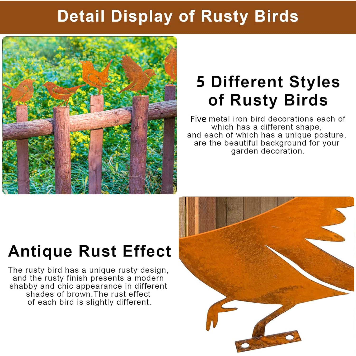 Set 4 Uccellini Decorativi In Metallo Arrugginito - Per Giardino, Recinzioni E Esterno