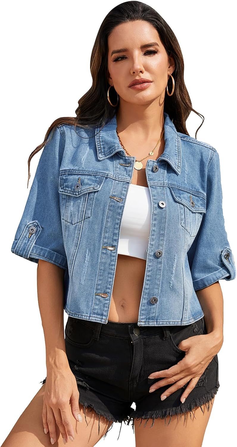 MISS MOLY Women's Cropped Denim Jackets Summer Short Sleeve Classic Casual Jean Jackets