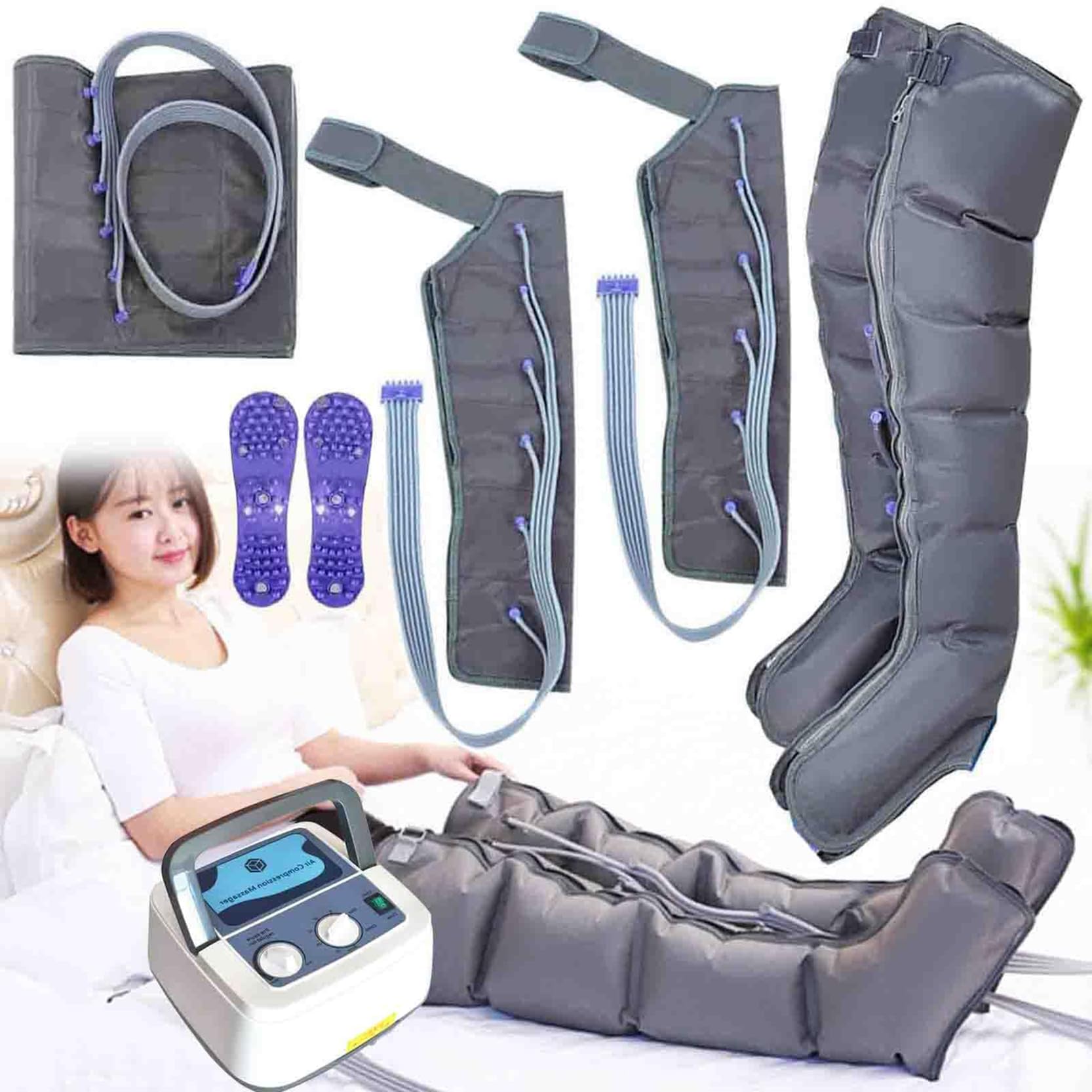 Massaggiatore Elettrico a Compressione d'Aria, 4/6 Camere d'Aria Pressoterapia Linfodrenaggio per Arm Gambe e Addome Drenaggio linfatico con Funzione di Cronometraggio, Grigio