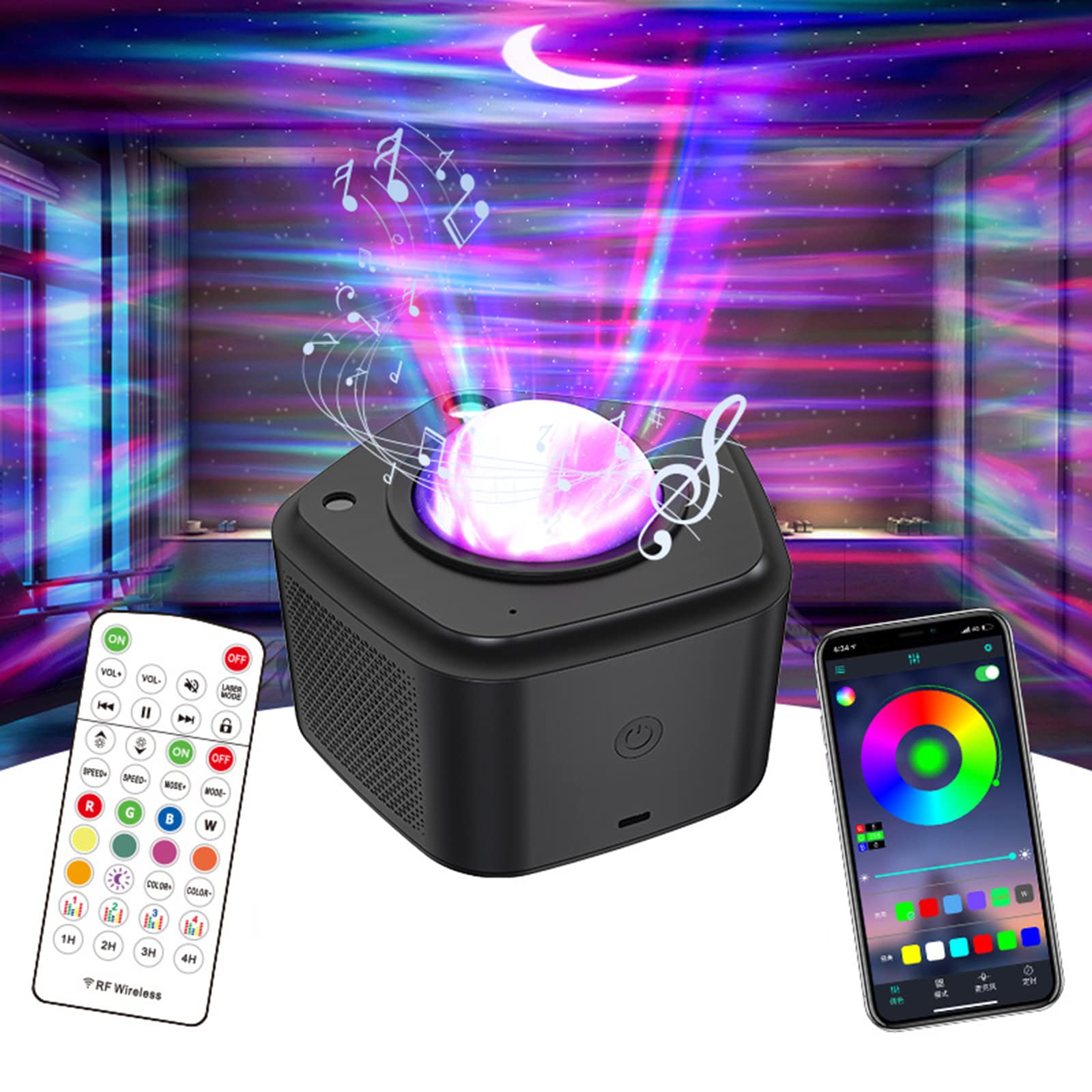 Projektor LED Star Light, obrotowe lampki nocne z falami oceanicznymi, lampa projektora Nebula, odtwarzacz muzyki zmieniający kolor z Bluetooth i zegarem oraz pilotem