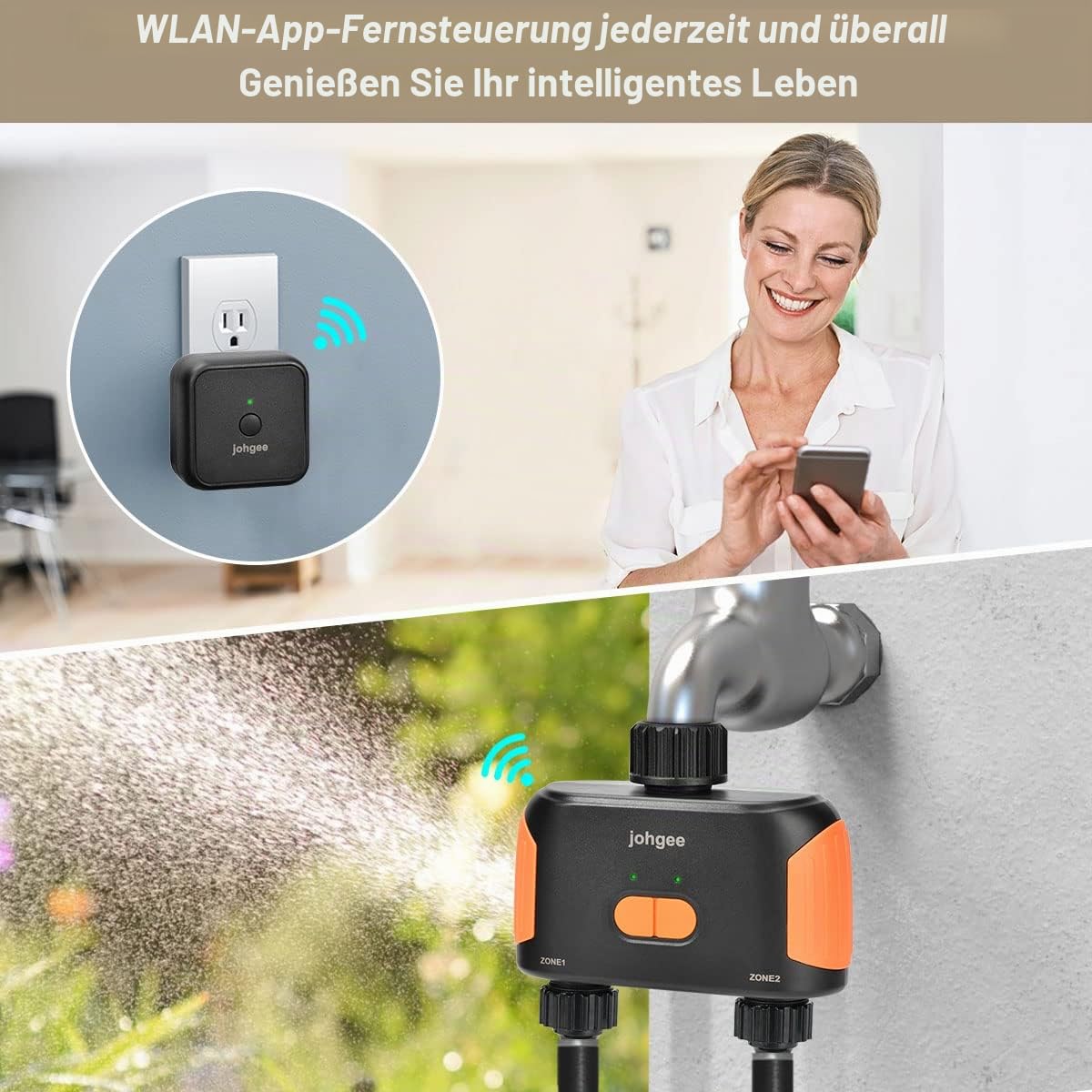 johgee Bewässerungscomputer WLAN 2 Ausgänge, Intelligenter WLAN Bewässerungscomputer mit Wi-Fi Hub/Sprachsteuerung, Wasserdicht Automatische Gartenbewässerung für Garten