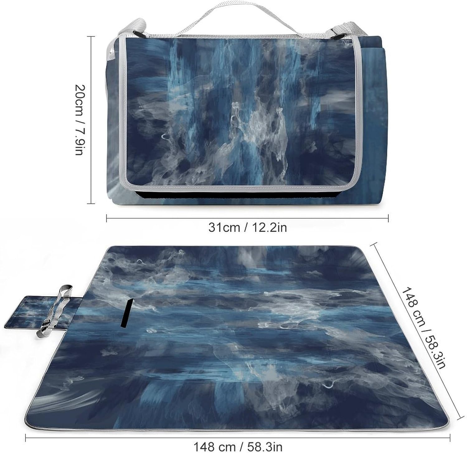 Abstract Blue Waterproof Picnic Blanket 58.3''x58.3'',Portable and Foldable Picnic Mat with Handle,Outdoor Blankets for Lawn Park Beach Travel