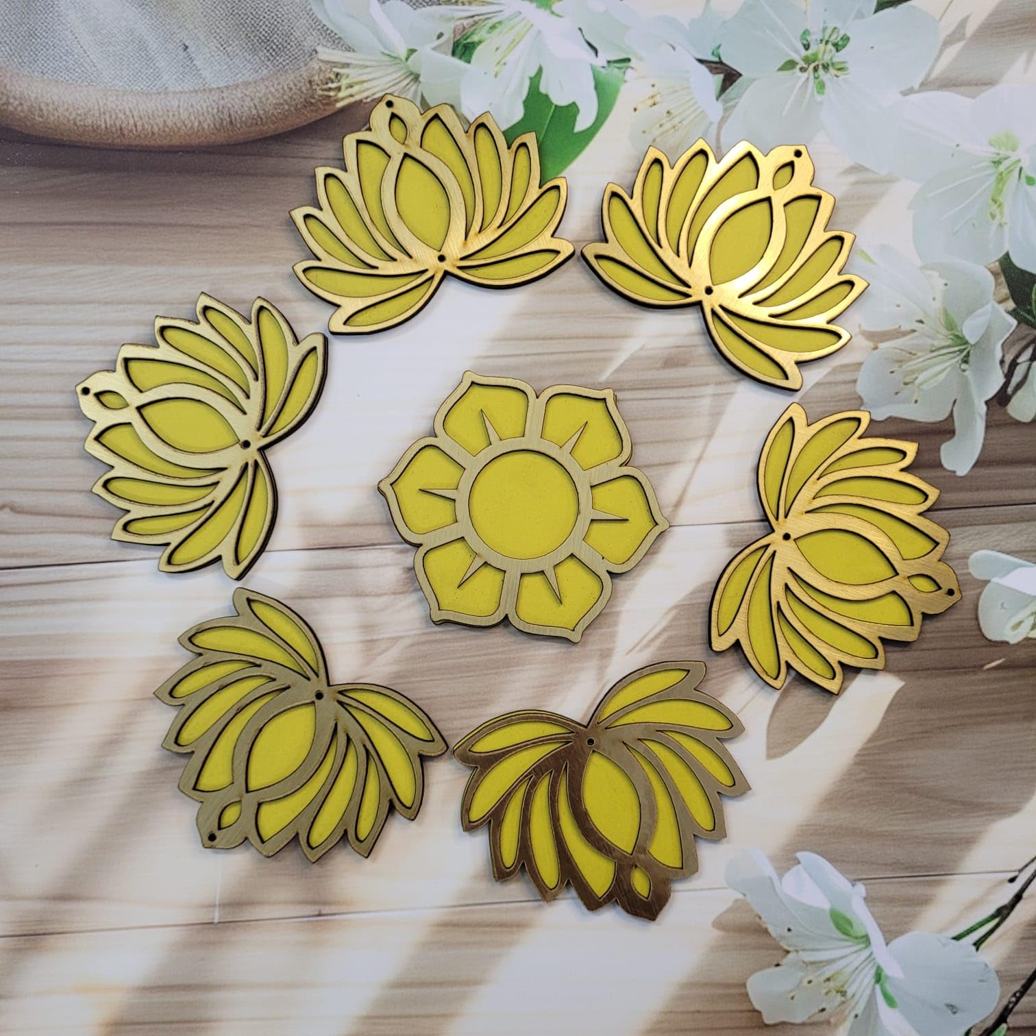 The Piku Cart MDF Lotus Cut Outs for Decorations, Festival Gift, Wall Decorations Size - 4inch Thickness 2.5 (Set of 7 Pcs.) (Yellow)