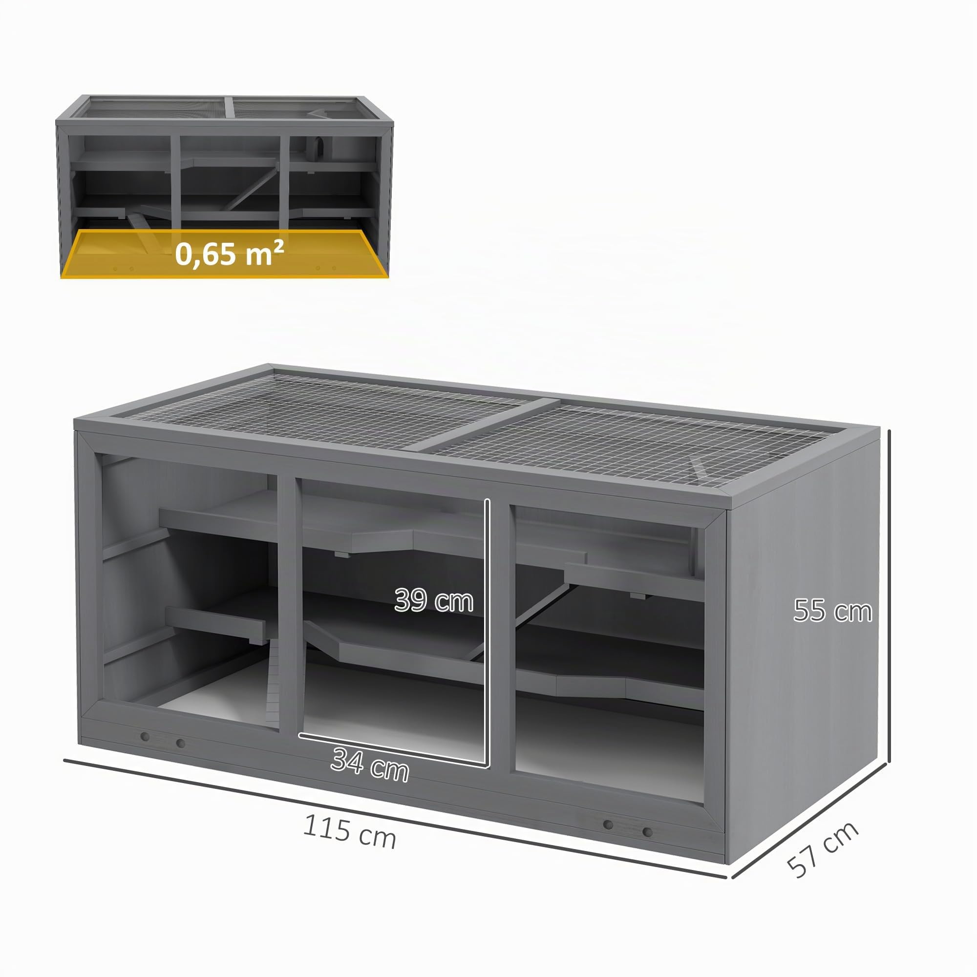 PawHut Jaula de madera para hámster de 3 niveles, con bandeja limpiable, jaula para animales pequeños, con tapa plegable, para hámsters enanos, 115 x 57 x 55 cm, gris