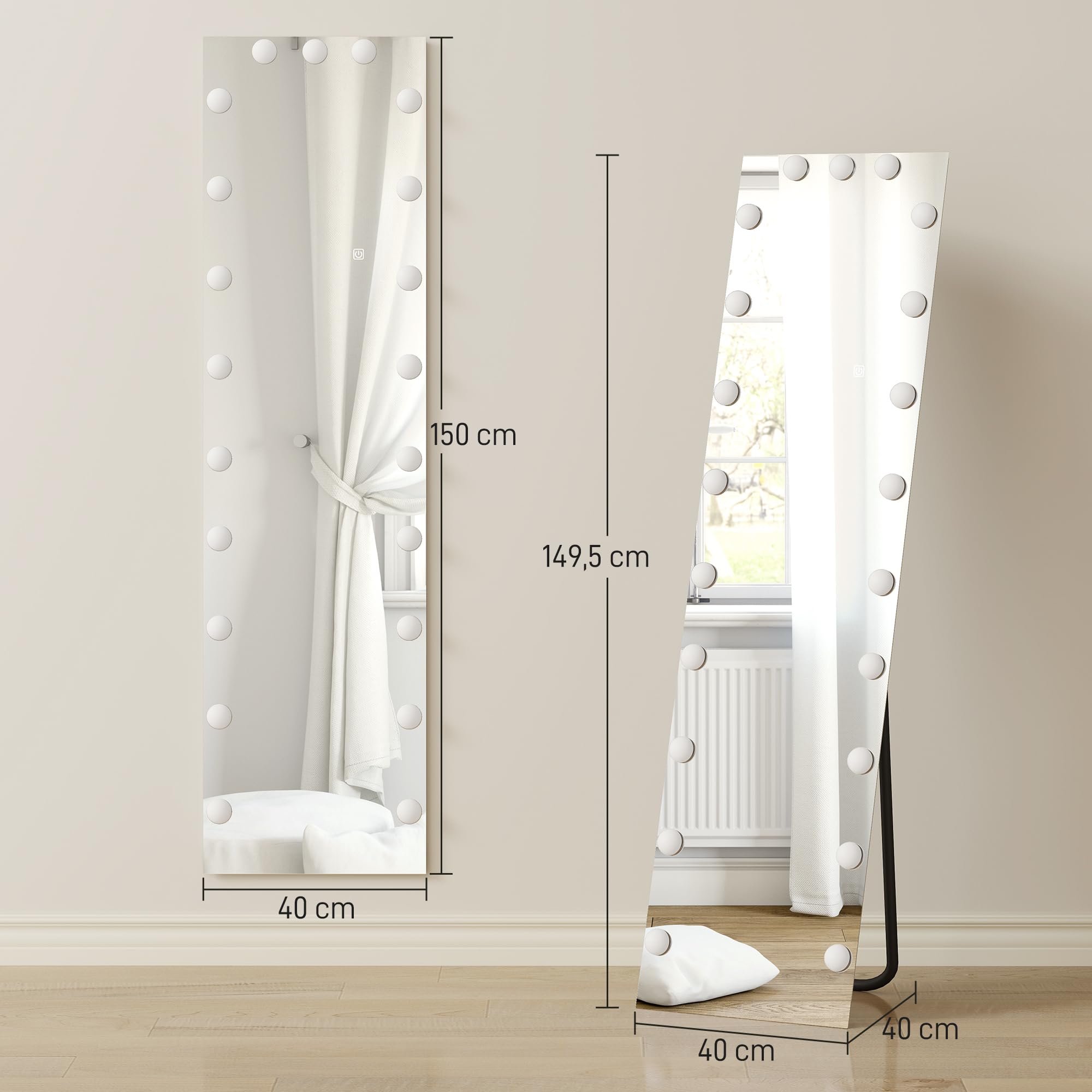 HOMCOM Ganzkörperspiegel 150 x 40 cm RGB-LED Standspiegel mit 21 Glühbirnen 7 Lichtfarbe Hollywood Wandspiegel mit Touch-Schalter, Memory-Funktion anlehnbar Spiegel für Schlafzimmer Wohnzimmer