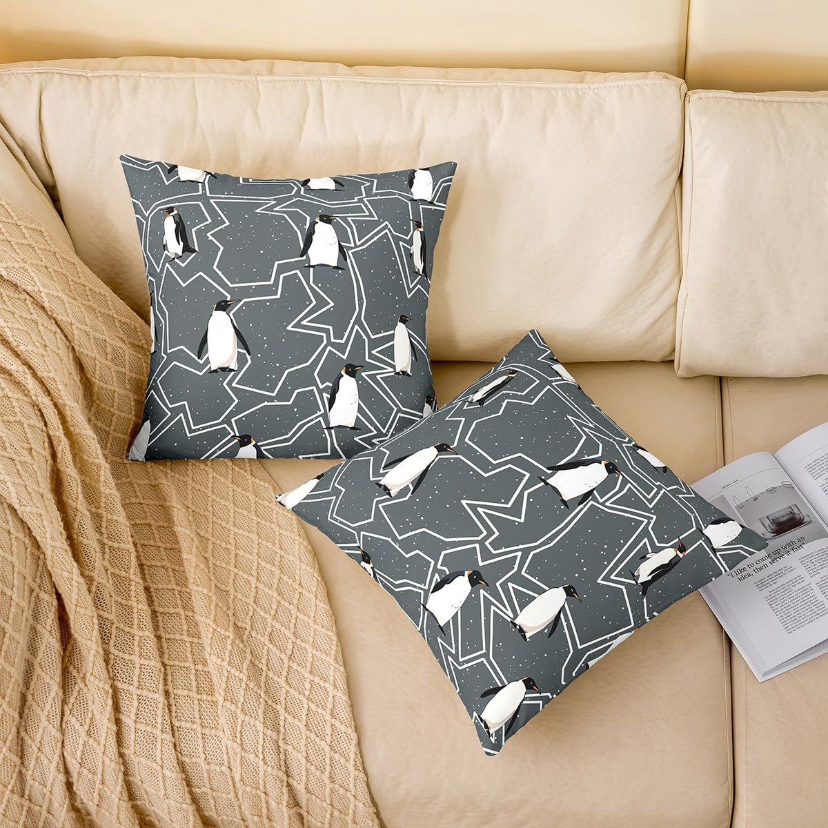 Cute Penguin Throw Pillow Cover 18x18 Inch Abstract Gray Plaid White Lines Decor Pillow Case for Kids Boys Girls Lovely Cartoon Wild Animals Hippie Cushion Cover for Office Sofa