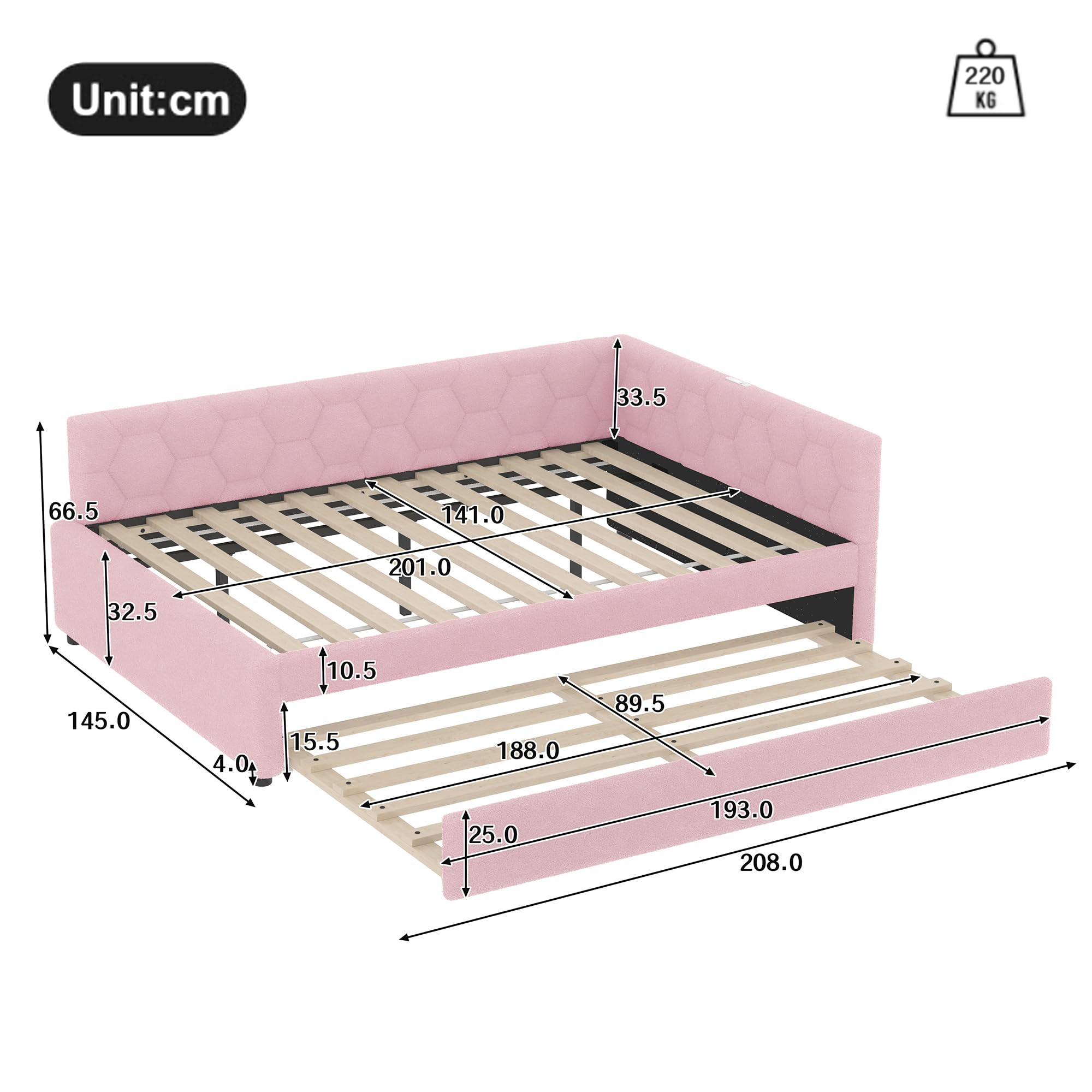 Letto Tessile 140x200cm con Sommier a doghe stabili e Struttura Letto Matrimoniale fissa divano piattaforma in legno mdf estensibile secondo letto estraibile tessuto Rosa