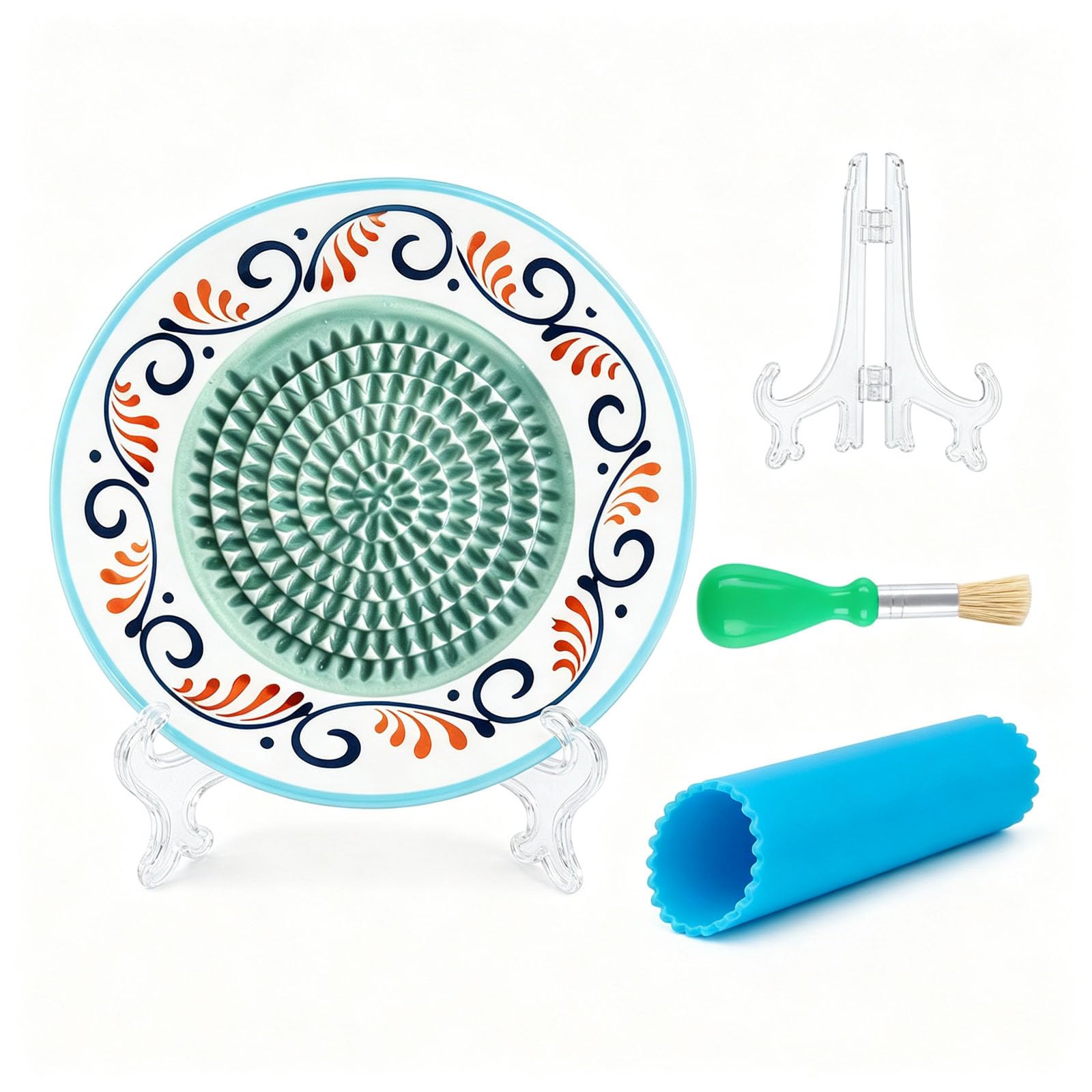 4-Piece Garlic Grater Plate Set with Stand, Peeler and Cleaning Brush