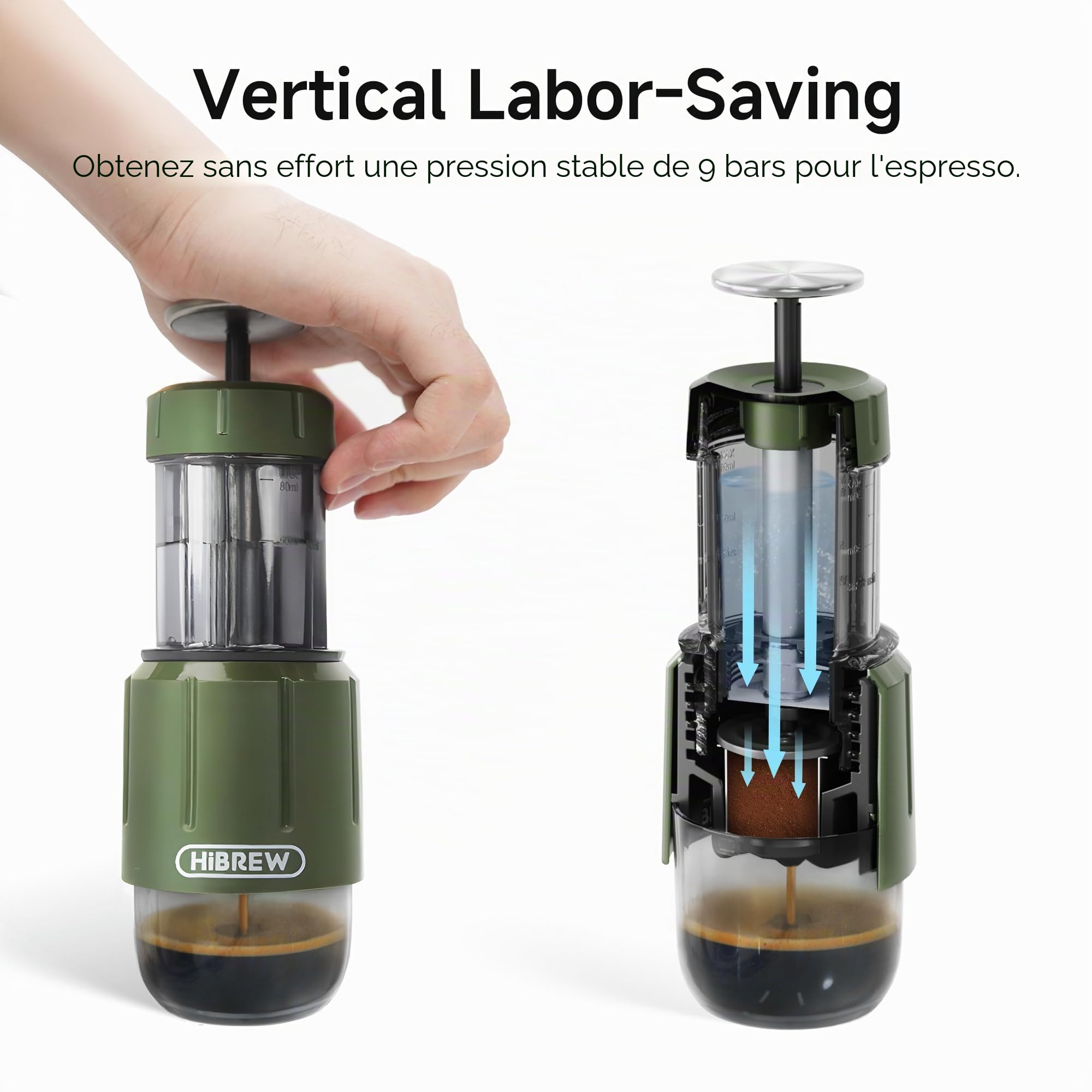 HIBREW H4D Machine à expresso manuelle pour camping et voyage – Machine à café portable à pompe manuelle avec tasse intégrée, café moulu 2 en 1 et dosettes originales Nes