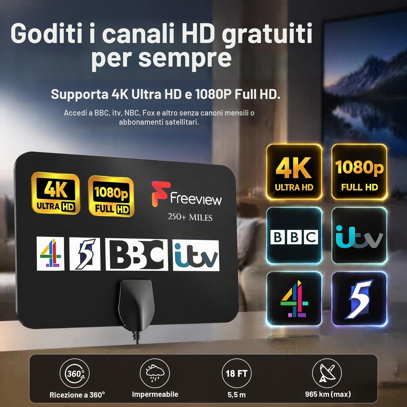 Antenna TV Interna Amplificata Potente, Antenna TV Portatile, HDTV Digitale 250+ Miglia, cavo Coassiale da 5 M, Compatibile DVB-T/T2, ISDB-T, DMB-T/H, ATSC, DAB/FM