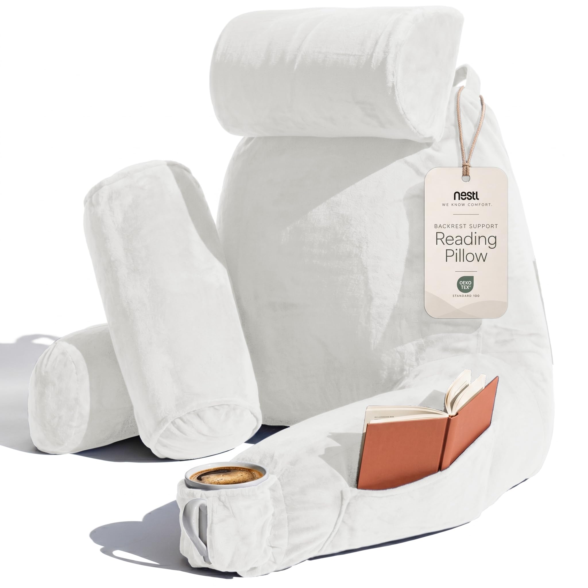 Nestl Reading Pillow for Bed, Back Pillow for Sitting Up in Bed, White