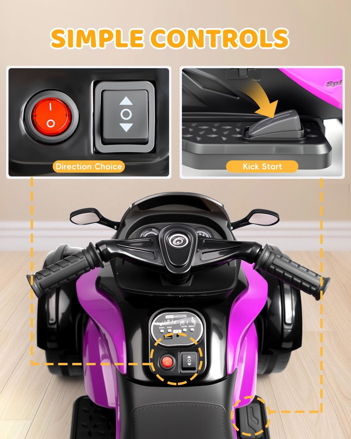 12V Kids Electric Motorcycle, 3 Wheeler Toddler ATV with Led Lights, Music, Horn, Shock Absorbers, Purple Power Wheels for Girls, Ride on Toys for Toddlers 3-5