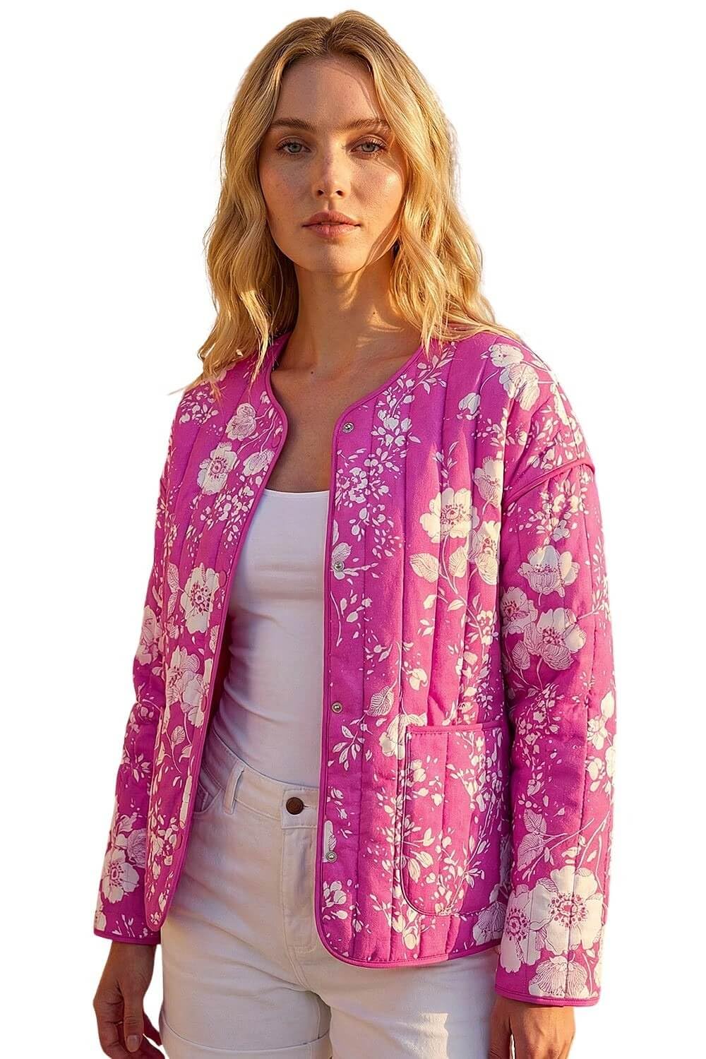 Roman Women's Pink Floral Print Cotton Jacket In Size 14