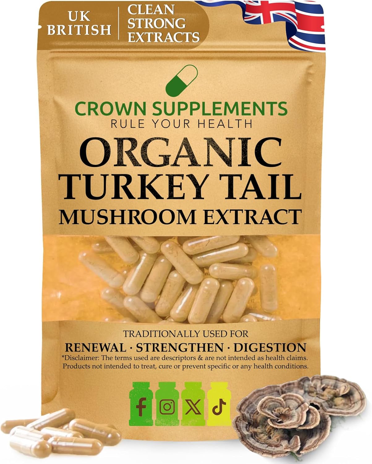 HPMC Organic Turkkey Tails Capsules 600mg UK British Made Fruiting Body Premium Wild Harvest (60 Capsules)