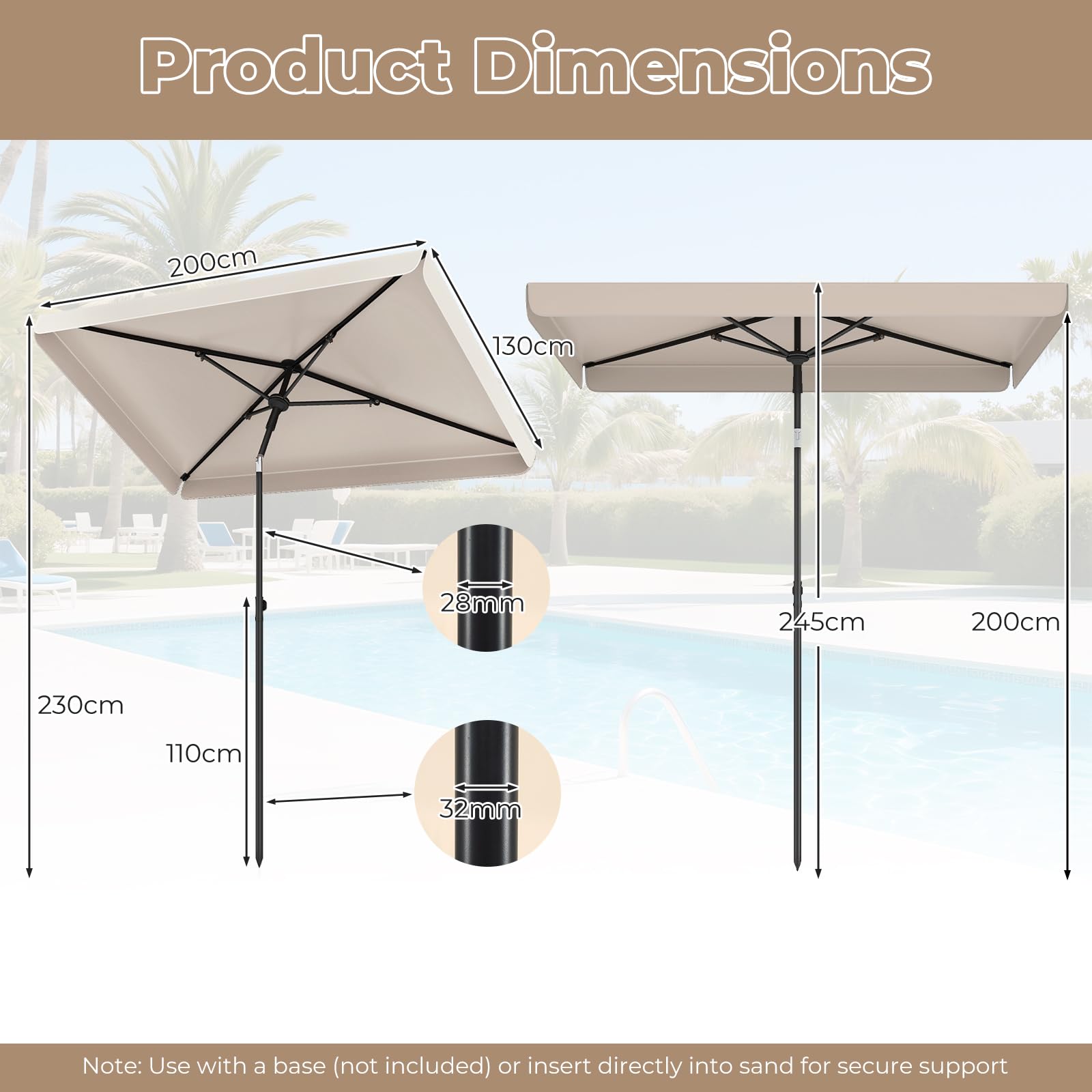 RELAX4LIFE Petit Parasol de Balcon Rectangulaire 213x140 cm, Inclinable à 30° & Pliable, Protection UV50+, Parasol de Plage avec Sac, Mât Ø28mm Clipsable sur Balcon, Gain de Place pour Terrasse