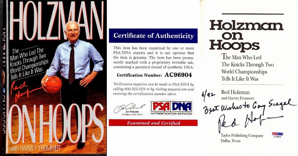 red holzman signed - autographed on hoops hardcover book with psadna certificate of authenticity coa - deceased 1998 - new york knicks - personalized to gary siegal