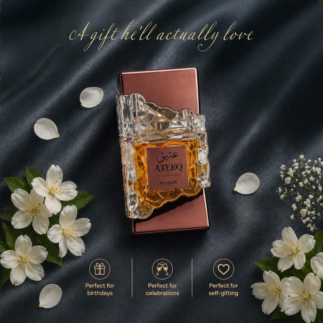 Perfume Nusuk Ateeq para hombre - 100 ml | Extracto de perfume de larga duración | Notas cítricas, especiadas y amaderadas | Perfume masculino de lujo audaz