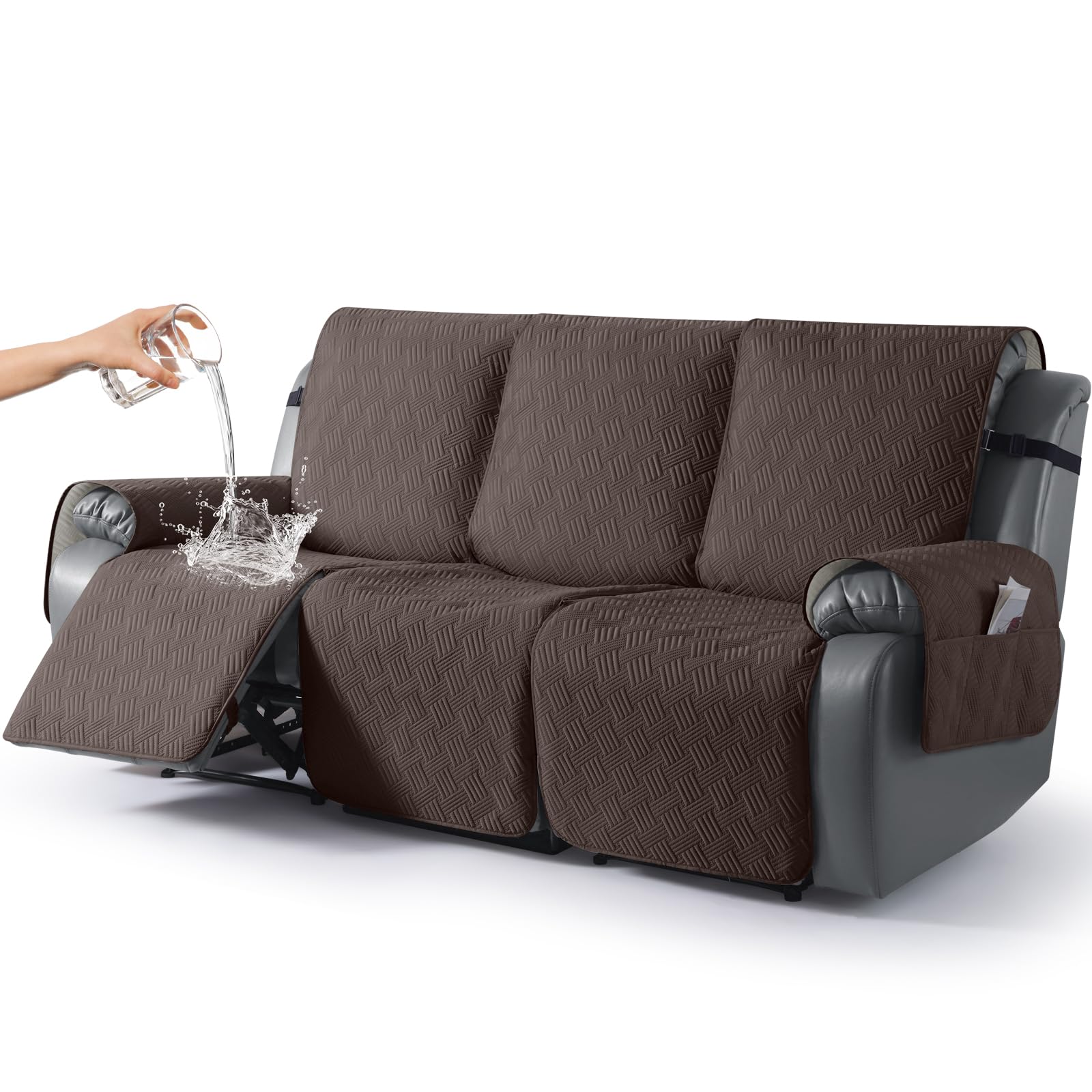 KinCam Funda Impermeable para Silla reclinable, Funda para sofá, Protector de sofá Lavable con Bolsillos Laterales y Correas elásticas (3 Plaza, Chocolate)