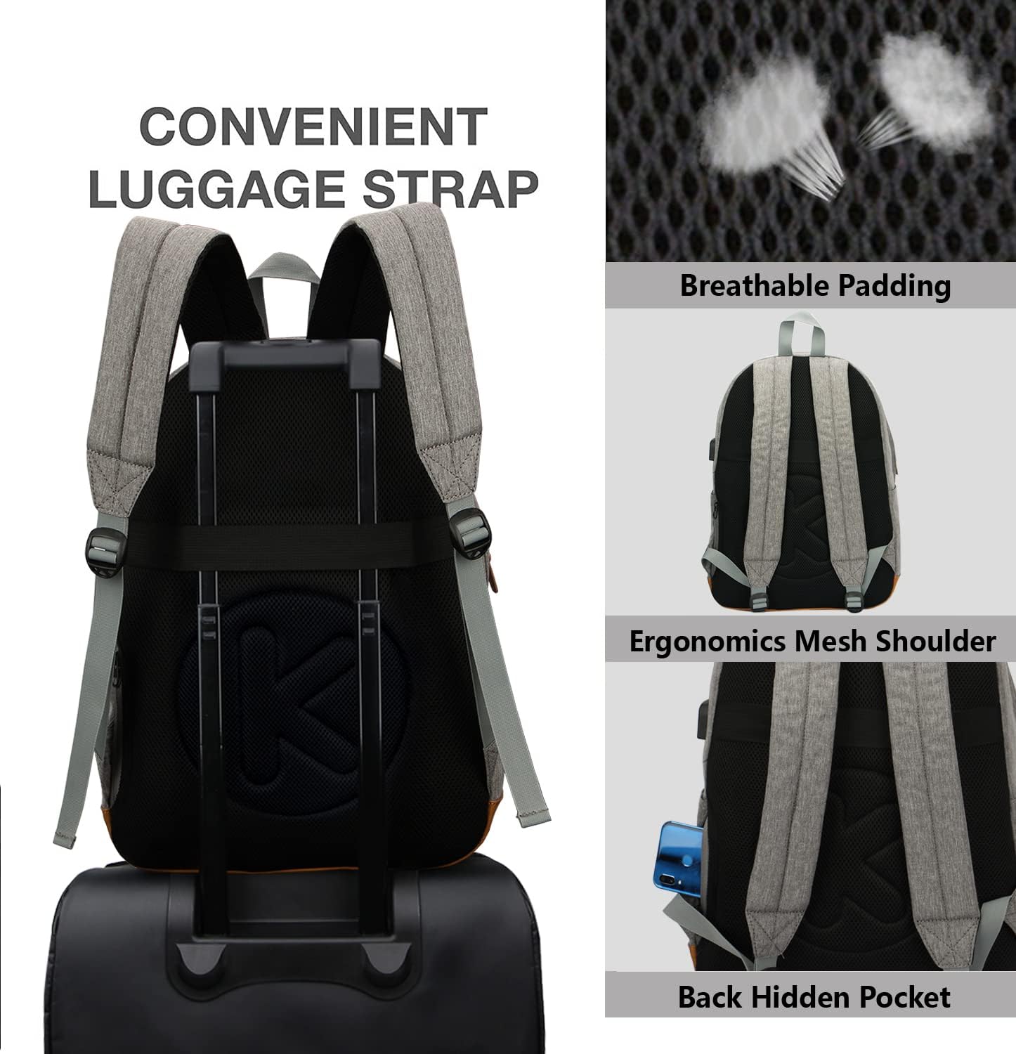 Laptop Backpack with Leather Decoration, USB Charging Port, Classic Backpack for College, Work, Travel(18 Inches/Light Grey)