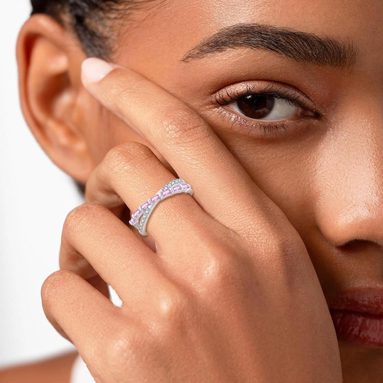 Birthstone Rings for Women 925 Sterling Silver Stackable Ring Cross Line Wedding Band Promise Engagement Anniversary Half Eternity Ring Gemstone Jewelry Size 5-10