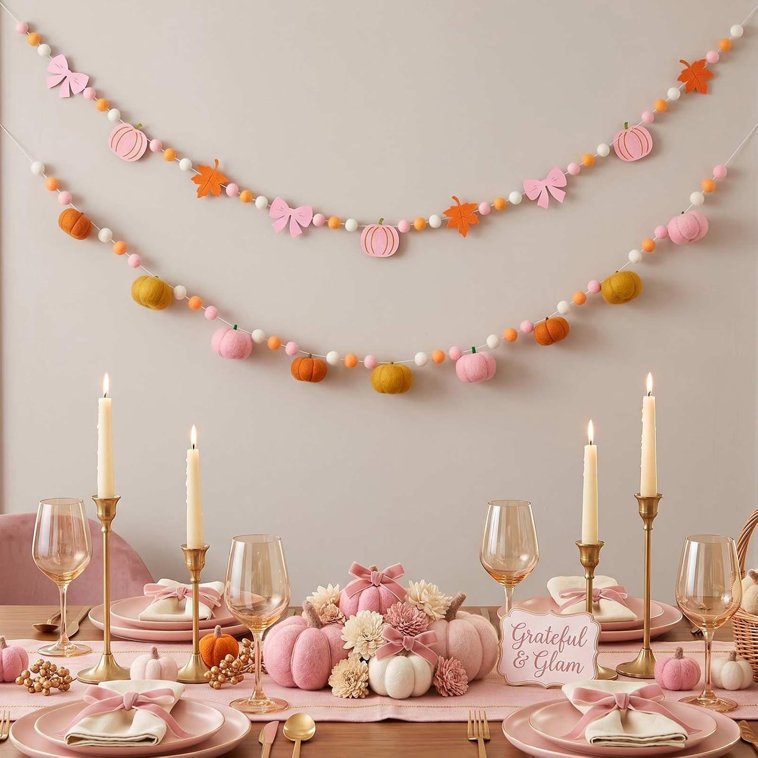Jecery 2 Pcs Fall Felt Ball Garland Pink Bow Pumpkin Fall Felt 78 in Banner