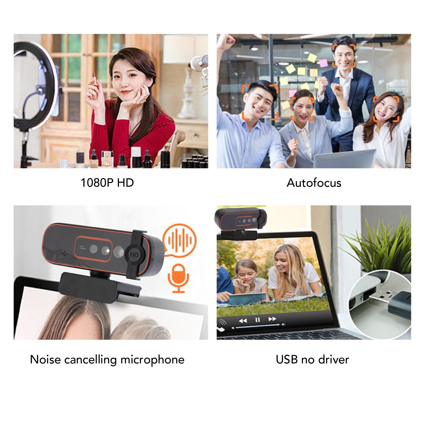 PUSOKEI Cámara Web de 1080P con Micrófono, Enfoque Automático y Reconocimiento Facial, Cámara Web de Video con Clip para Computadora Portátil de Escritorio de 2MP para WindowsHello