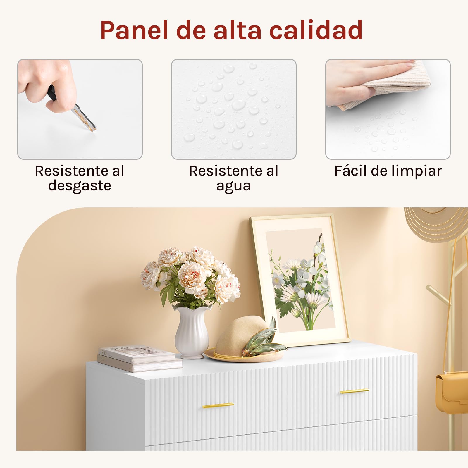 WOLTU Cómoda Blanca de 6 Cajones | Con Patas Doradas, para Dormitorio y Salón, 100x40x75 cm
